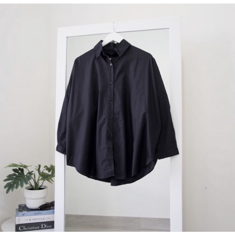 SEYHA - NINY KEMEJA REMPLE BLOUSE WANITA SHIRT PUTIH KEMEJA Lengan Panjang-BLACK