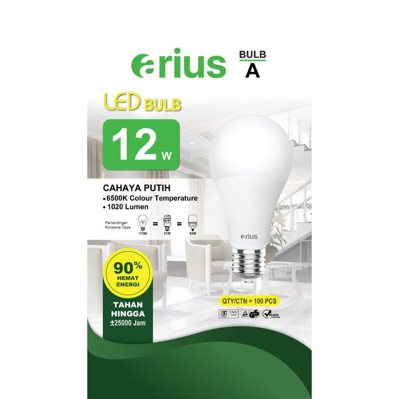 ARIUS Lampu LED/ Bohlam LED Bulb  Hemat Energi  12Watt Putih