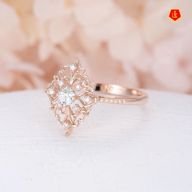 [Ready Stock]8K Gold Diamond Studded Hollow Flower Ring 925 Silver