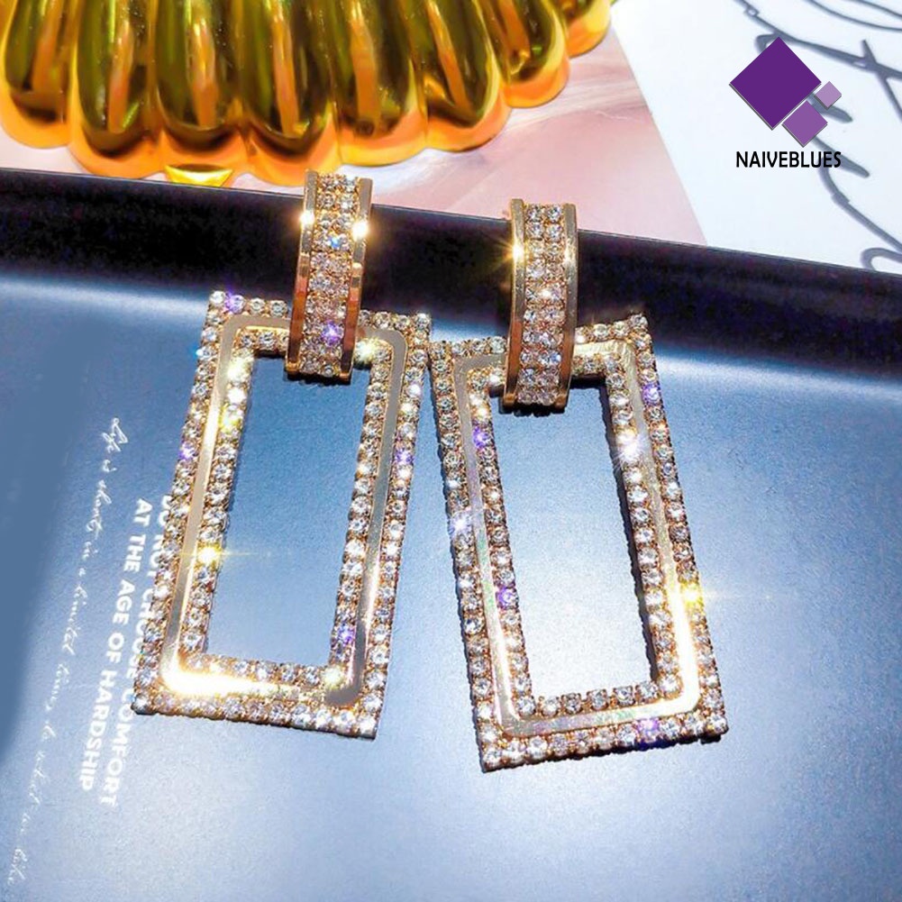 Anting Stud Berlian Imitasi Bentuk Persegi Panjang Model Hollow Untuk Wanita