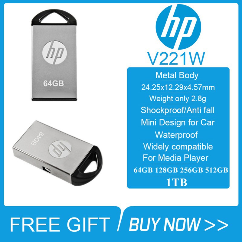 Ready Stock! HP V221W Metal Mini USB Flash Drive 64GB 128GB 256GB Pen Drive