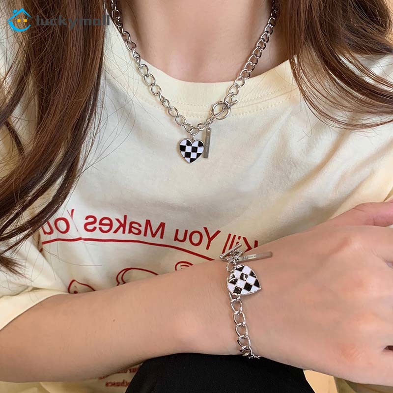 Korean Fashion Love Pendant Necklace for Women Simple Checkerboard Bracelet Jewelry  Accessories