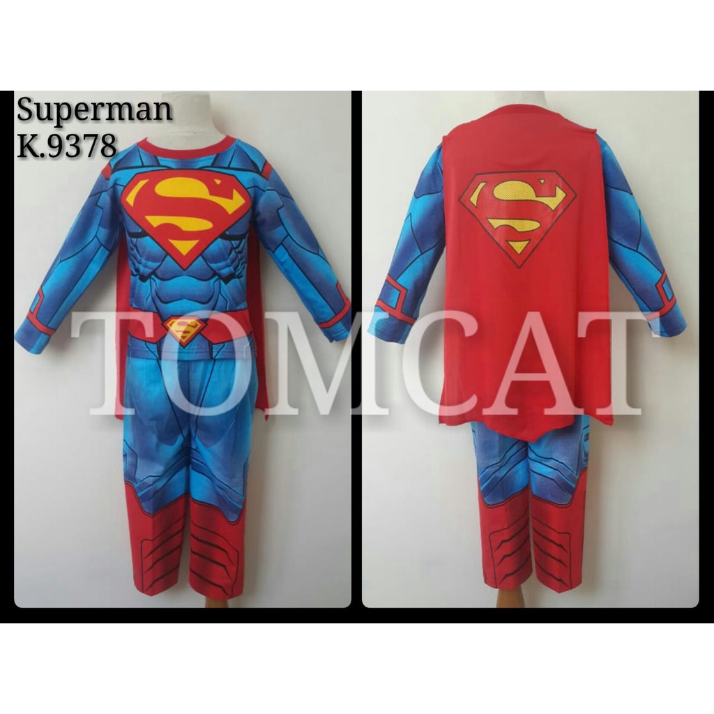 Kostum Anak Laki Laki Superman Setelan Panjang Superhero Baju Karakter Sayap