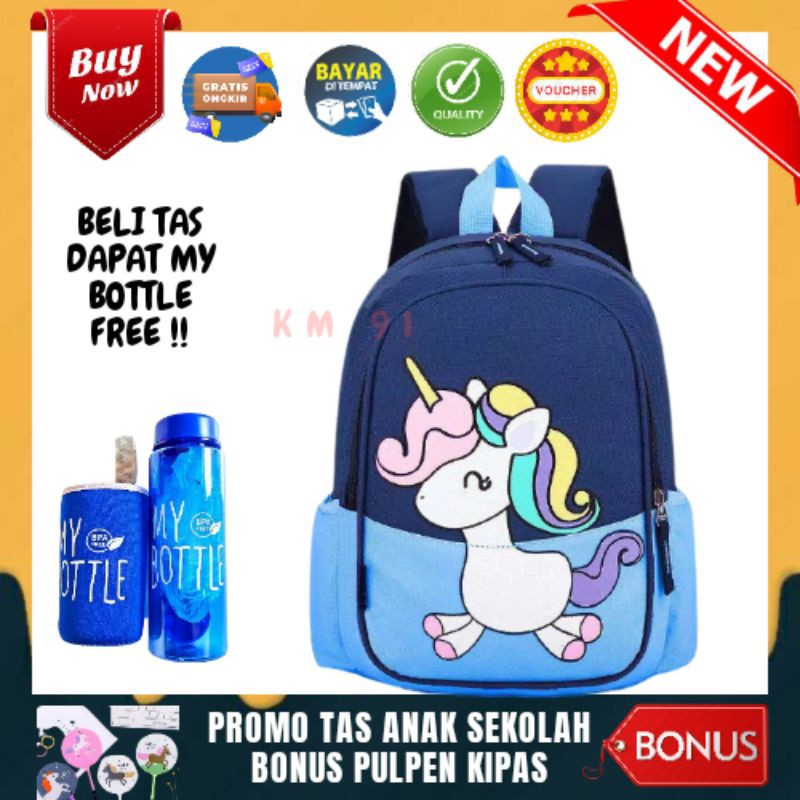Tas Sekolah Anak Perempuan Paud TK Karakter Unicorn Kuda Poni BONUS Botol Minum dan Pulpen Kipas