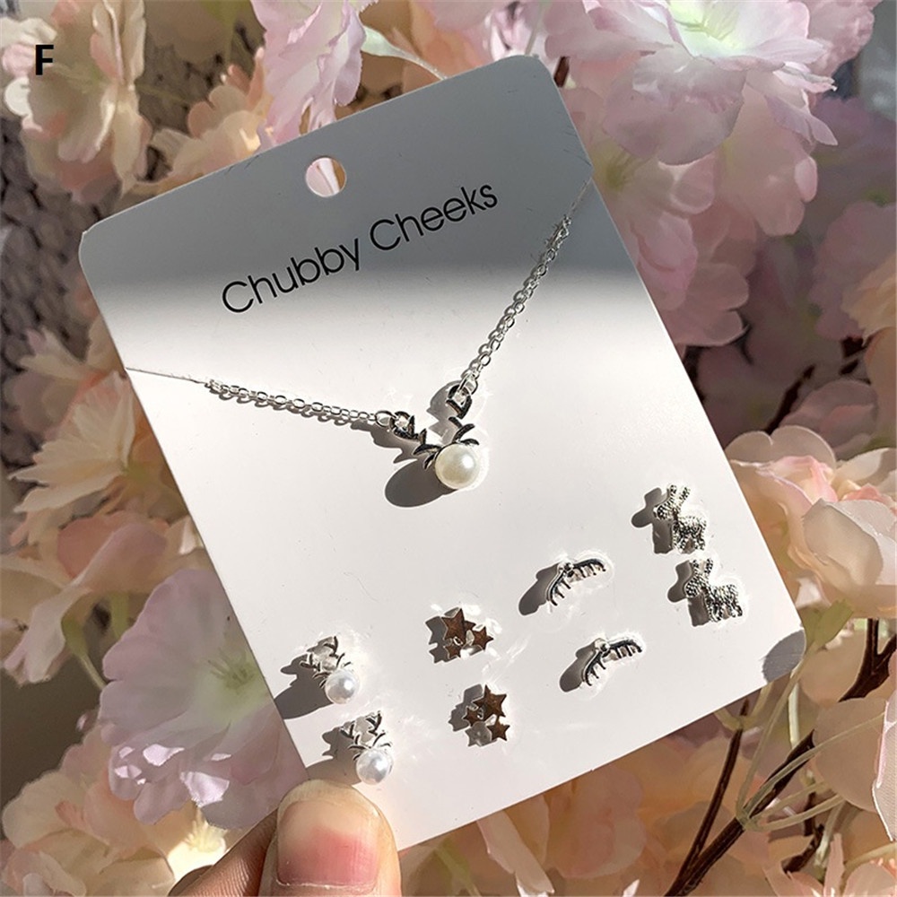 Korean Fashion Necklace and Earrings Set Card Stars Clover Flowers Snowflakes Bow Necklace Week Earring Set Jewelry