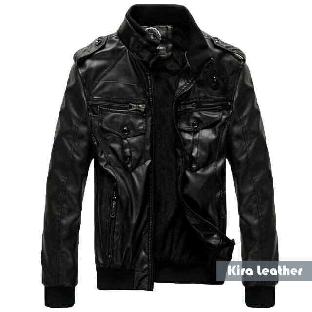 Jaket Rib Taplok Kulit Sintetis PU Leather Pria Hitam