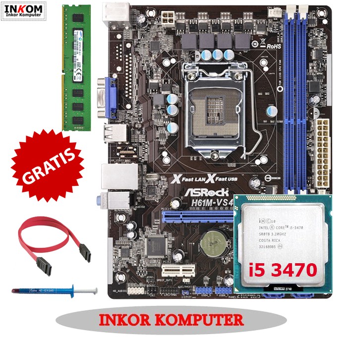 Motherboard Mainboard Mobo H61 LGA 1155 Asrock + i5 3470 + Ram