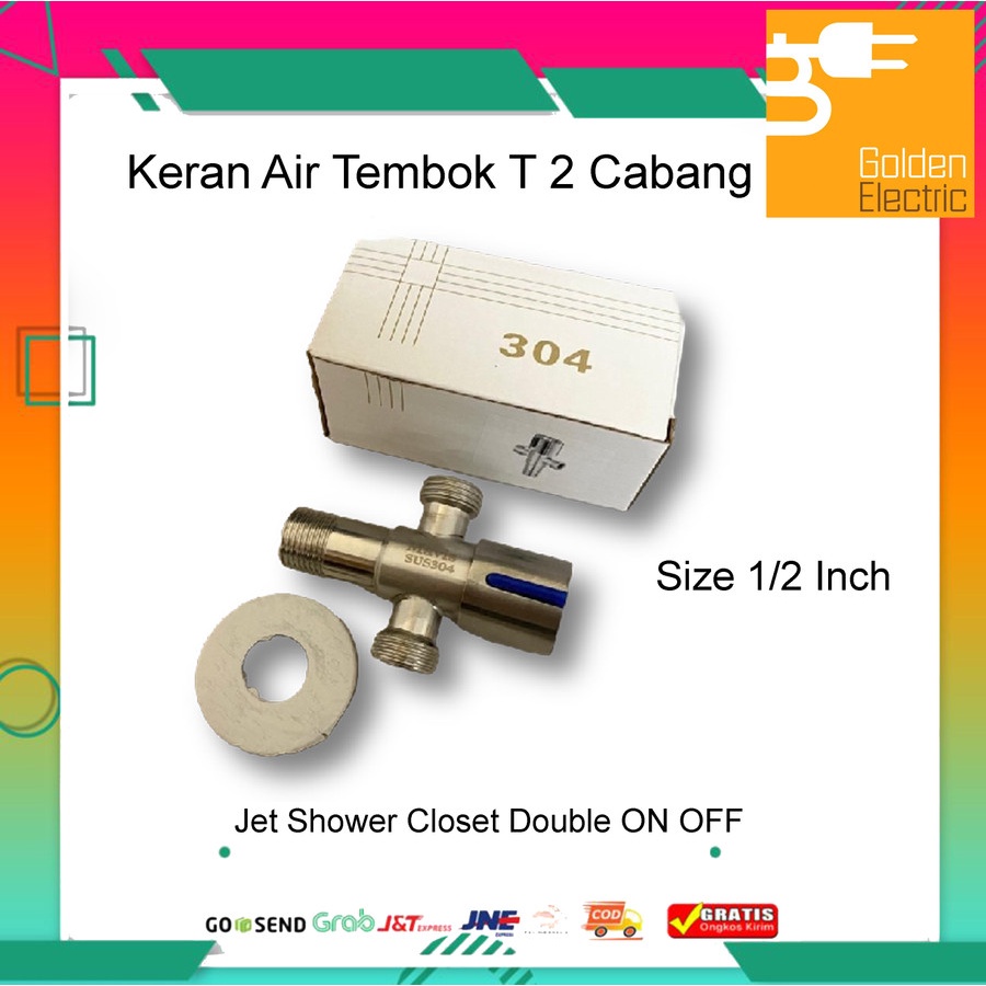 Stop Kran Keran Air Tembok T 2 Cabang Jet Shower Closet Double ON OFF