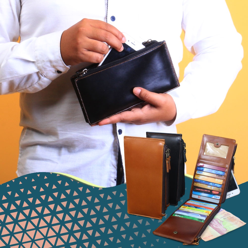 Dompet Panjang Pria Wanita Kulit Sapi Asli Warna Coklat Tua + Free Grafir Custom