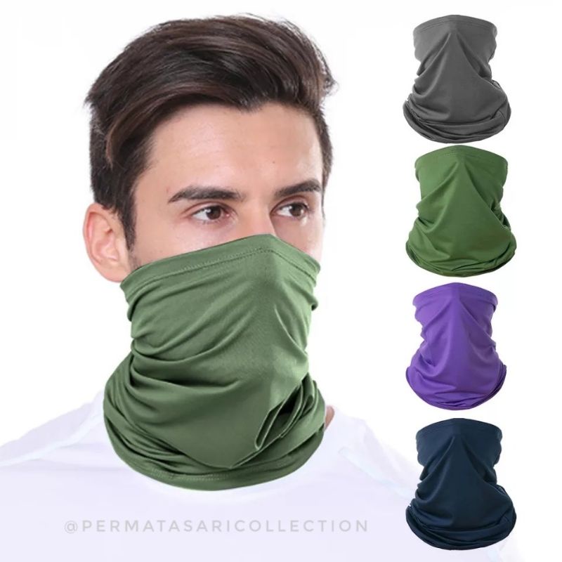 Masker Buff Wajah Multifungsi Pria Wanita Hitam Polos Corak Bandana Motor Olahraga Sepeda Gunung
