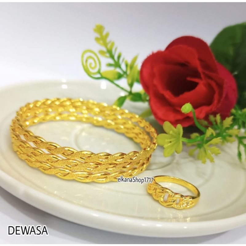 SET GELANG KRONCONG+CINCIN DUBAY 24K ANTI KARAT EMAS HONGKONG