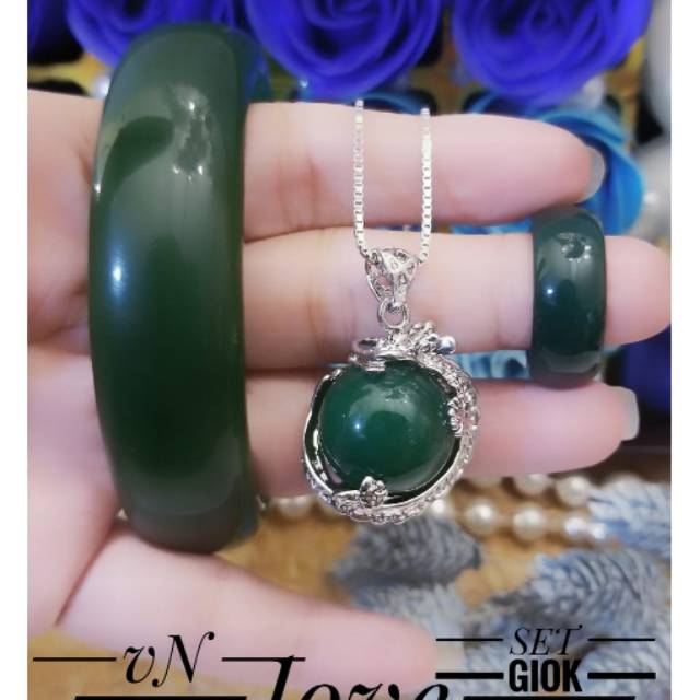 PROMO TERMURAH Set Perhiasan Batu Giok Hijau Gelang Cincin Kalung Liontin Mewah Titanium Xuping Asli