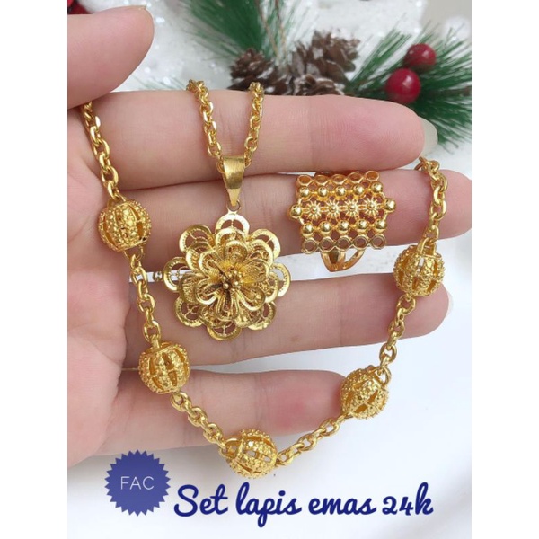[Lapis emas 24 karat] Paket perhiasan emas 24 karat bola emas kalung bunga lapis emas 120821