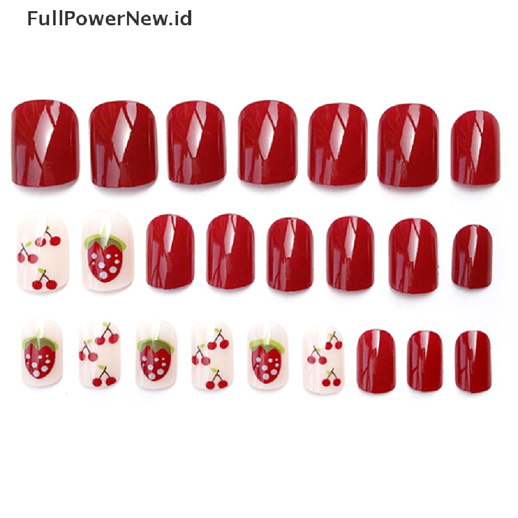 24 Pcs Kuku Palsu Full Cover Motif Strawberry Cherry Untuk Dekorasi Manicure