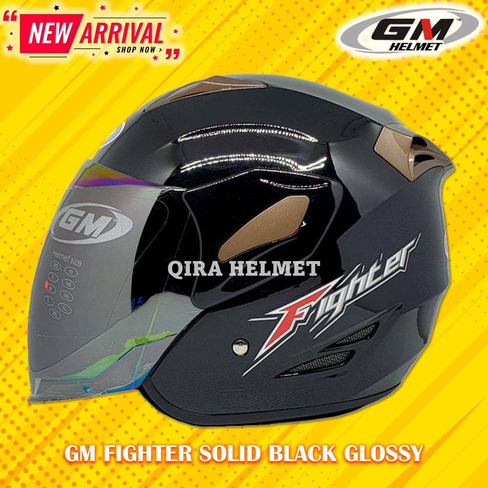 Helm GM Fighter Solid Black Glossy Hitam Metalik Single Visor Rainbow - Helem Motor SNI DOT Touring 