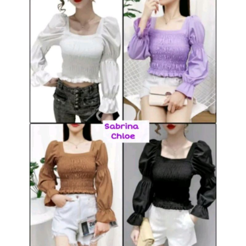 Baju Atasan Blouse Sabrina Chloe Cewek Wanita Ungu Lilac Putih Hitam Coklat Modis