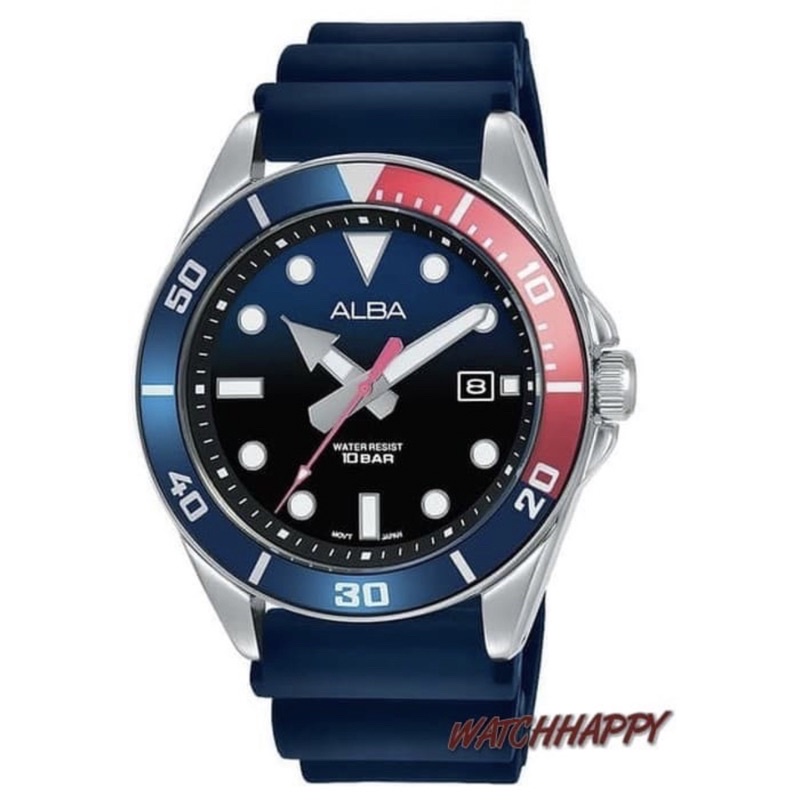 WatchHappy Alba AG8K21X1 Model Diver Blue Red Rubber Sillicone Strap Quartz Movement AG8K21 Original