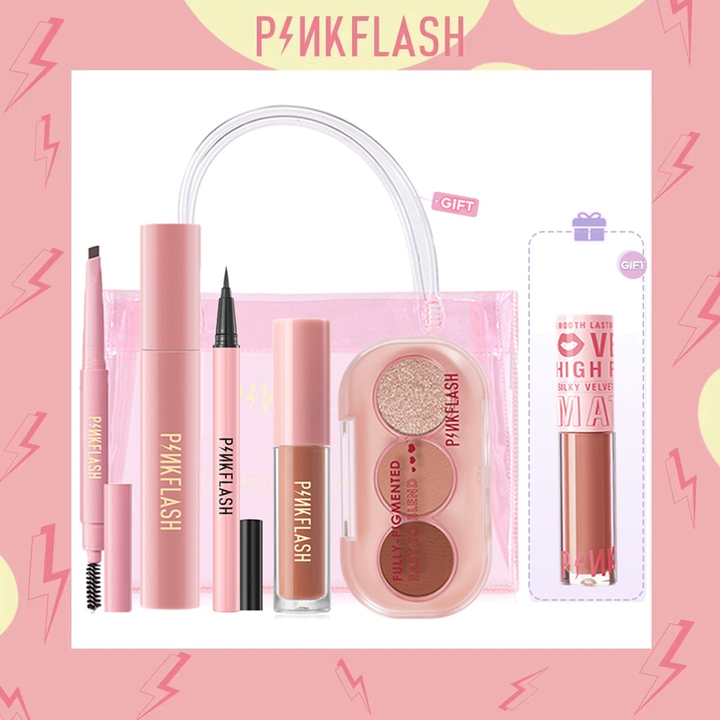 PINKFLASH Eye Makup Set 3 Shades Eyeshadow Matte Liquid Lipstik Ombrelips Tahan air Tahan lama Eyebrow Eyeliner Mascara