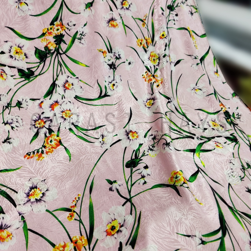 Kain Satin Silk Stretch Embossed Jacquard Motif Bunga Pink Lebar 150cm