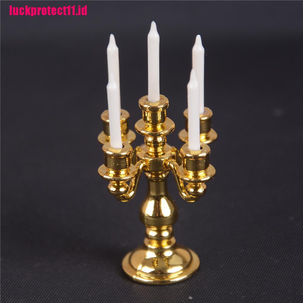 Lucktoy Mainan Miniatur Candelabra Emas + 5 Lilin Putih Skala 1: 12 Untuk Dekorasi Rumah Boneka