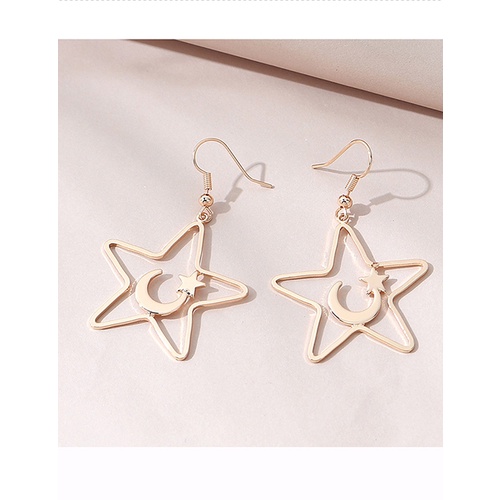 LRC Anting Gantung Fashion Golden Moon Pentagram Earrings Y65605