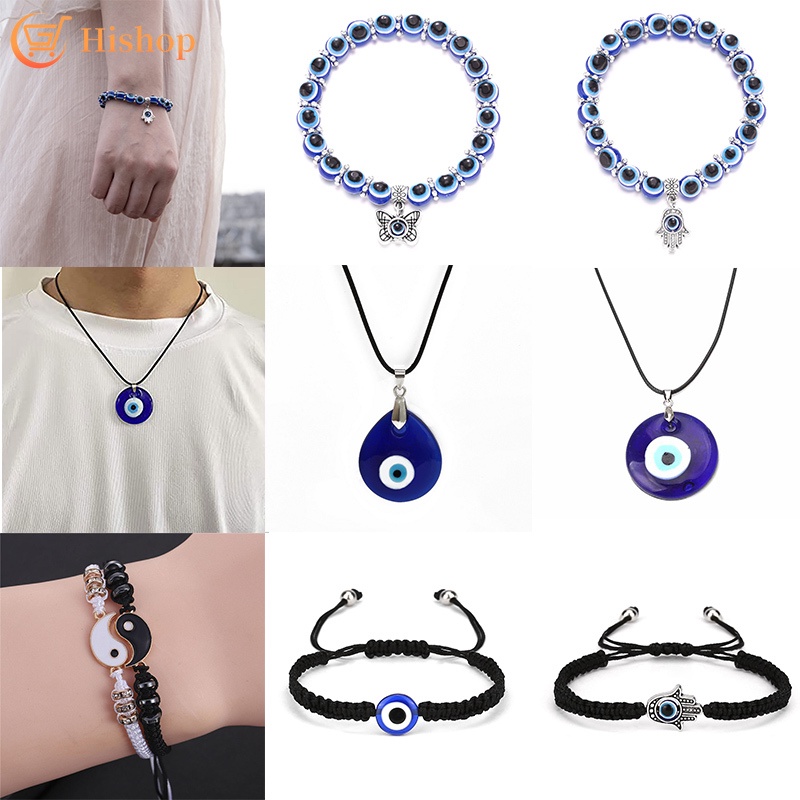 Kalung Gelang Rantai Choker Manik-Manik Mata Iblis Warna Biru Gaya Retro Untuk Wanita