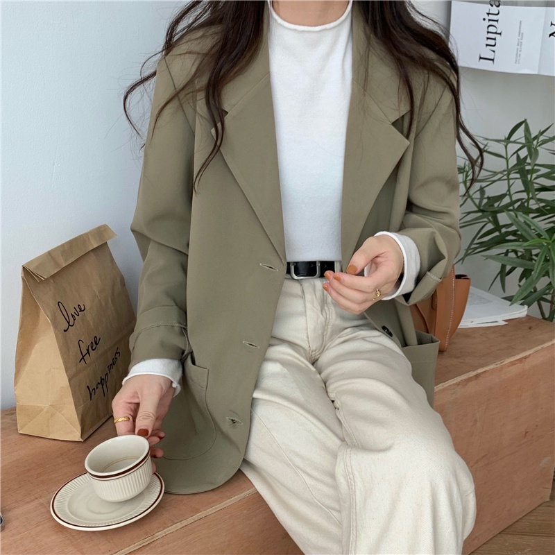 kualitas baik Hitam hijau putih Lengan panjang Blazers Setelan Jas saku Blazer Women Outer 2023t Murah Fashionable Korean style loose suit jacket