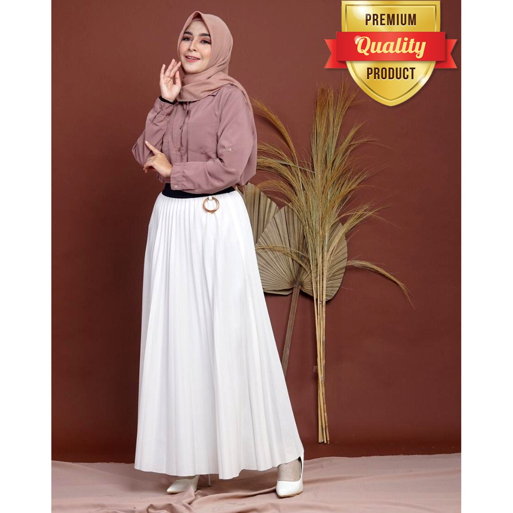 Rok Plisket Umbrella Ring Velvet Premium Import - Putih Tulang