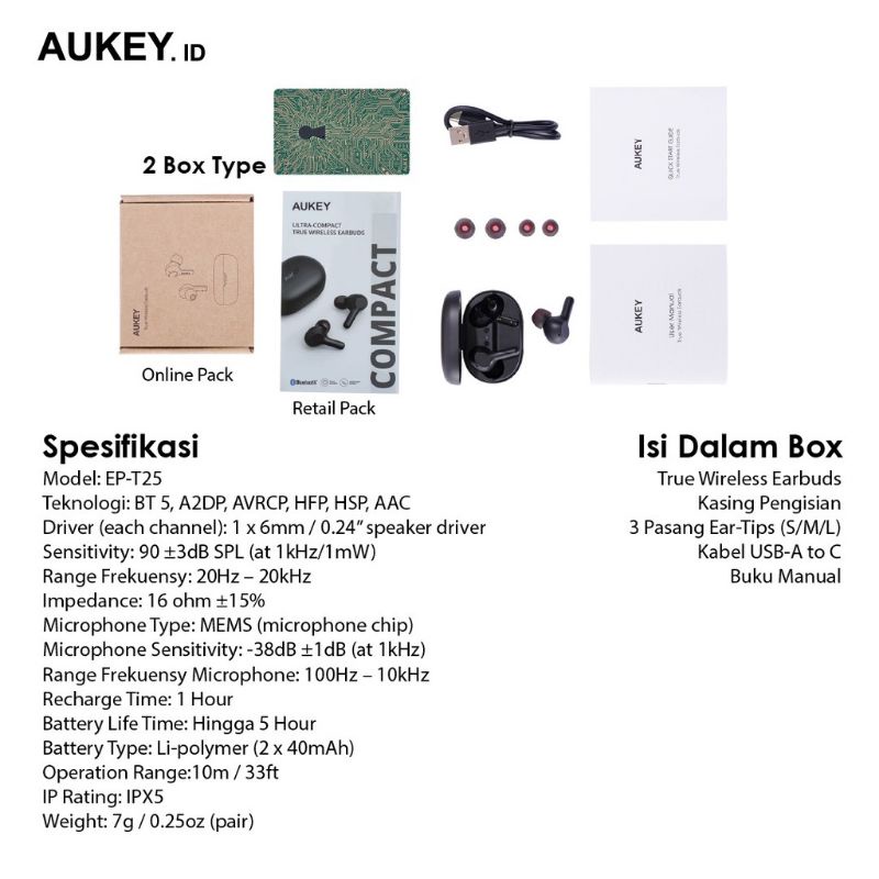 Aukey Headset / TWS Bluetooth EP-T25 High Fidelity Audio