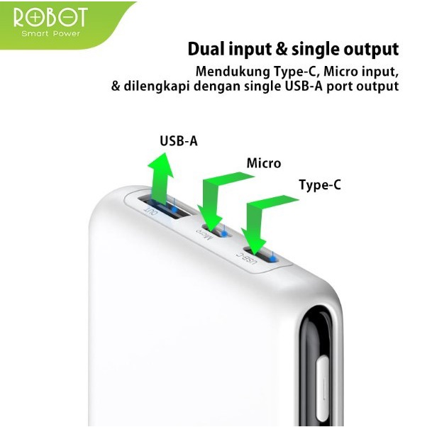 PowerBank ROBOT 10000mAh RT180 Dual Input Port Type C &amp; Micro USB - Putih