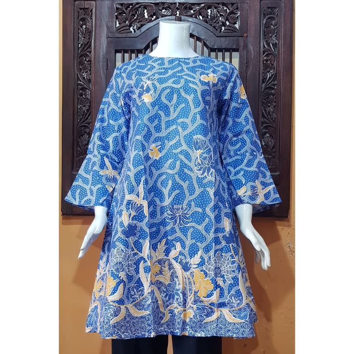 Atasan Dress Tunik Wanita Batik MOSA  Ganggang Biru Pekalongan  D03 Diskon