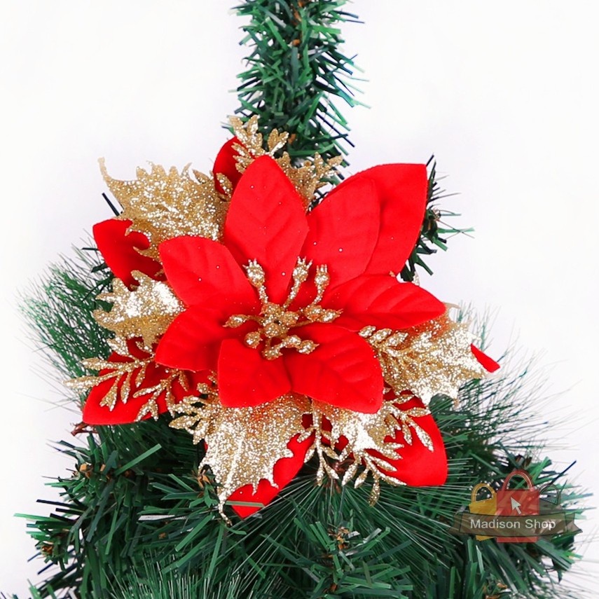 Bunga Natal Merah Gold Hiasan Parcel Christmas Flower Ponsetia Dekor