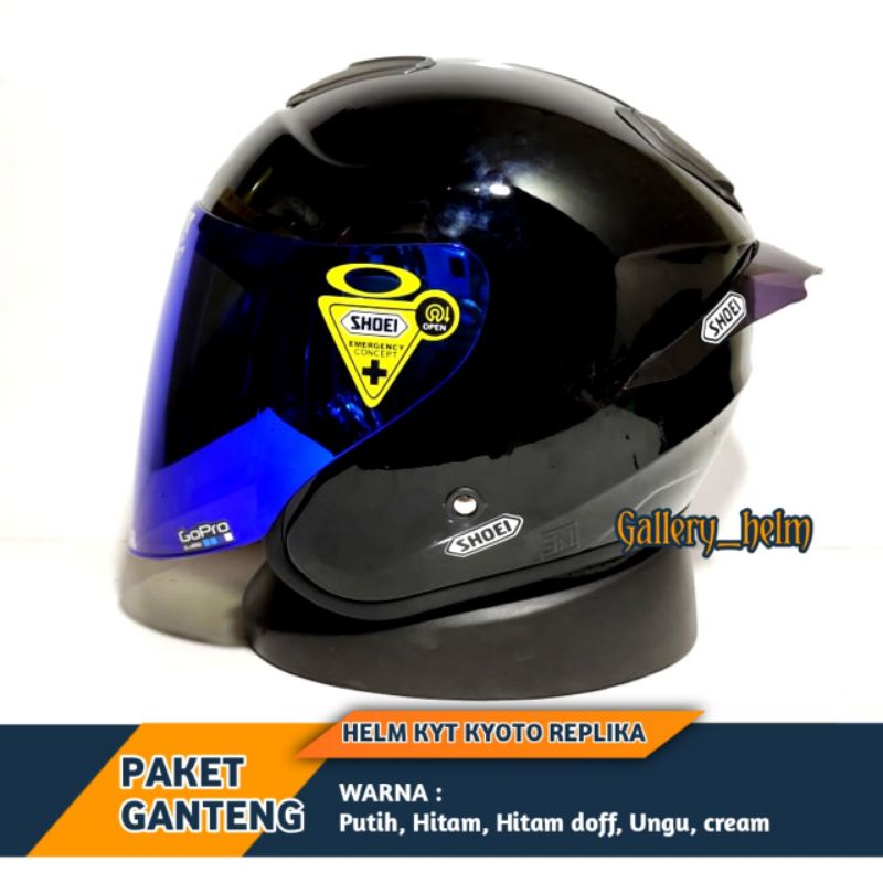 HELM KYOTO DYR PAKET GANTENG | SUDAH TERPASANG STIKER SHOEI | REPLIKA KYT KYOTO PUTIH-Black glossy