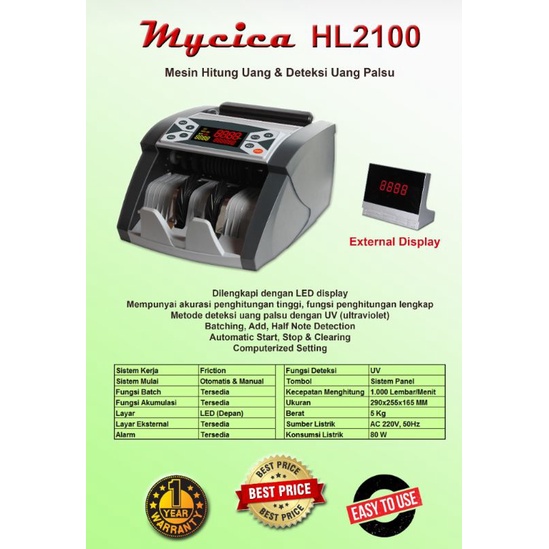 Mycica HL 2100 Mesin penghitung uang Ultraviolet detektor