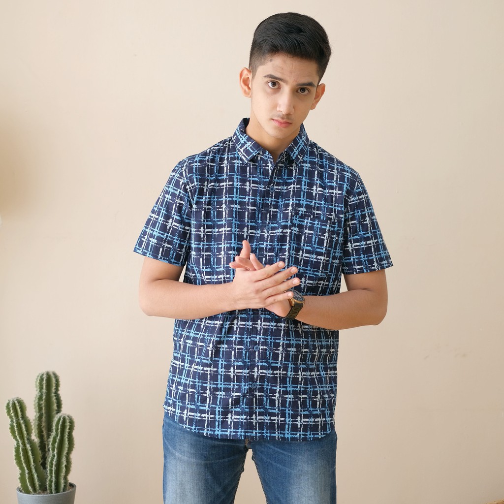 RILLEY - Arifin Baju Kemeja Motif Garis Kotak Pria Lengan Pendek Blue