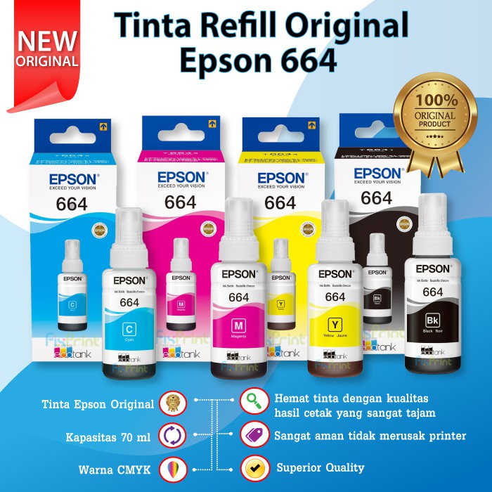 Tinta Printer Epson 664 Original 70ml 1 SET WARNA T6641 T6642 T6643 T6644 Black Cyan Magenta Yellow
