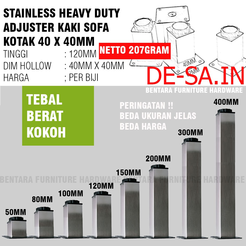 12 CM Kaki Meja Sofa 120MM (Hollow Kotak 40x40MM) High Quality Adjustable Stainless Steel Table Leg 12CM = 120 MM