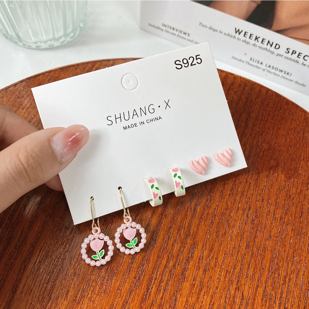 Anting Hoop Bentuk Hati Tulip Aksen Mutiara Bahan S925 Gaya Korea Untuk Wanita