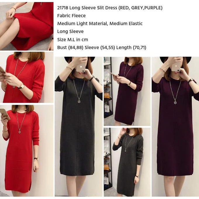 Long Sleeve Slit Dress Grey Red Purple Size M L 21718 Shopee Indonesia