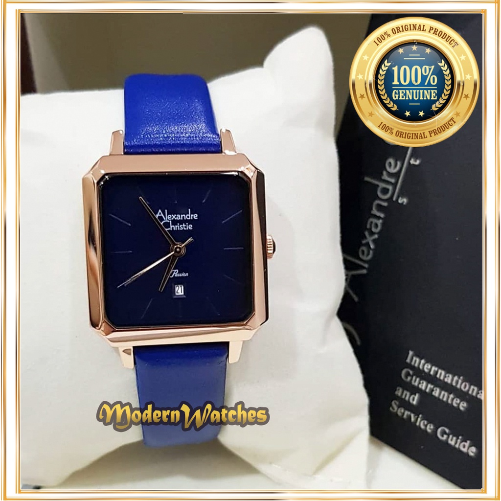 Jam Tangan Alexandre Christie Wanita Terbaru Ori AC 2921 Biru Rosegold Tali Kulit Coklat Emas Kotak