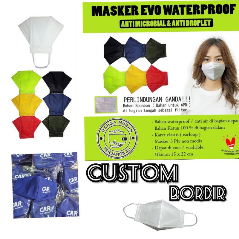 Masker kain 3 ply waterproof model Evo/keren Gratis Bordir Logo/Nama suka suka