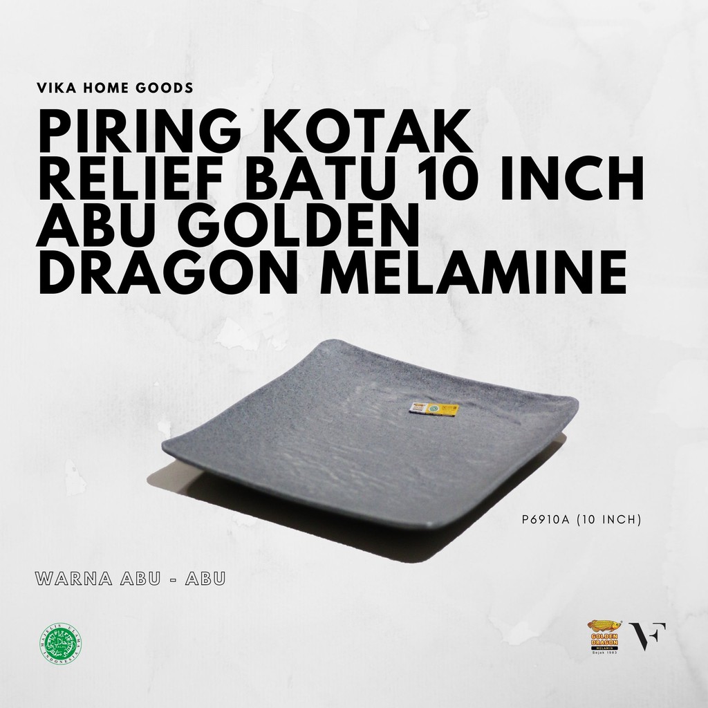 Piring Kotak Relief Batu 10 Inch Abu Golden Dragon Melamine (P6910A)