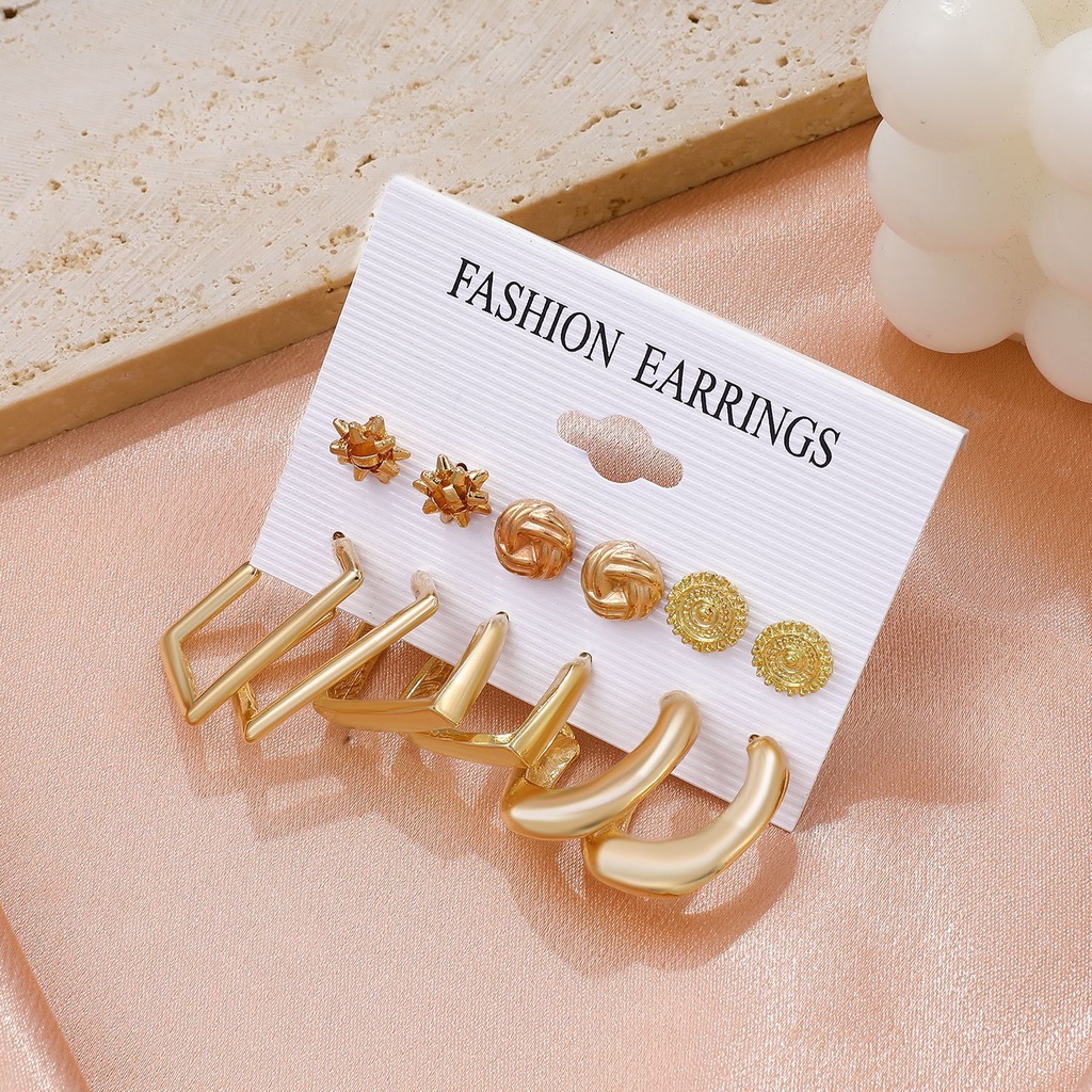 6 Pasang / set Anting Bentuk Lingkaran Geometris Bahan Logam Gaya retro Eropa Amerika