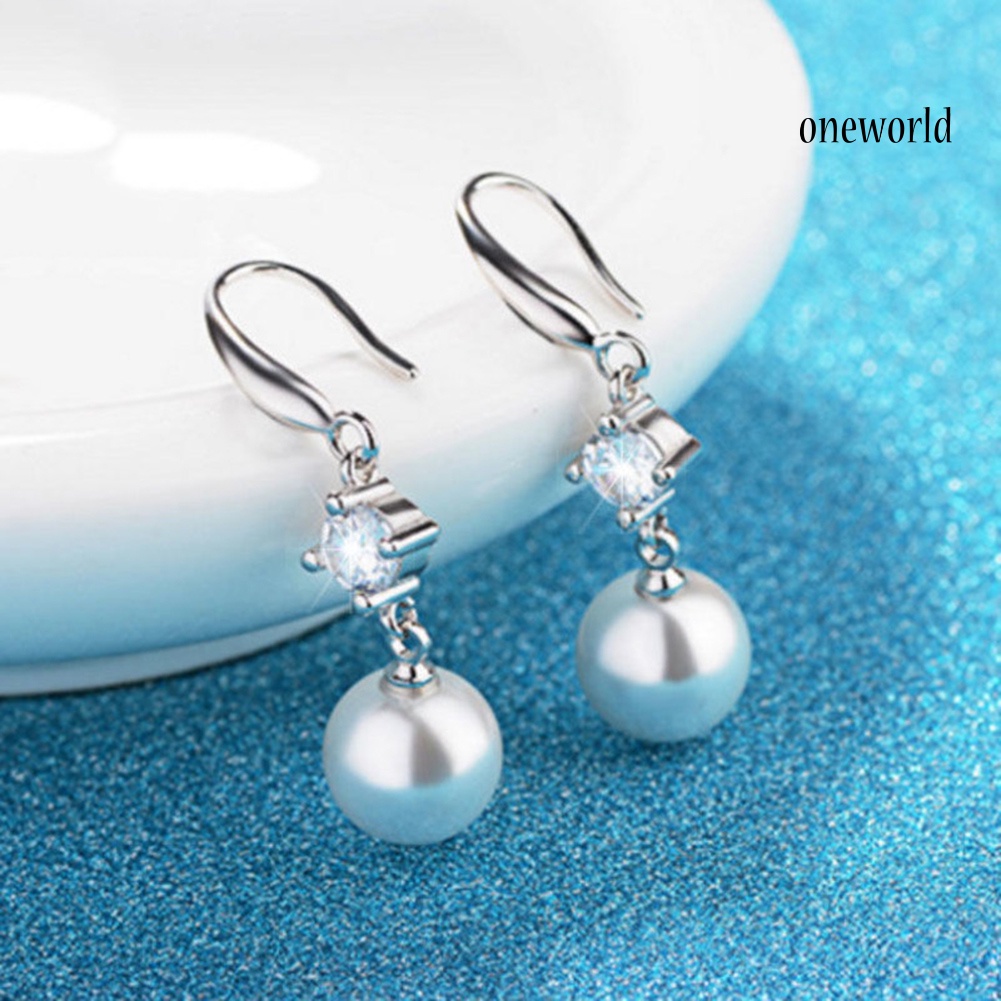 OW# Women Cubic Zirconia Faux Pearl Dangle Drop Hook Earrings Wedding Jewelry Gift