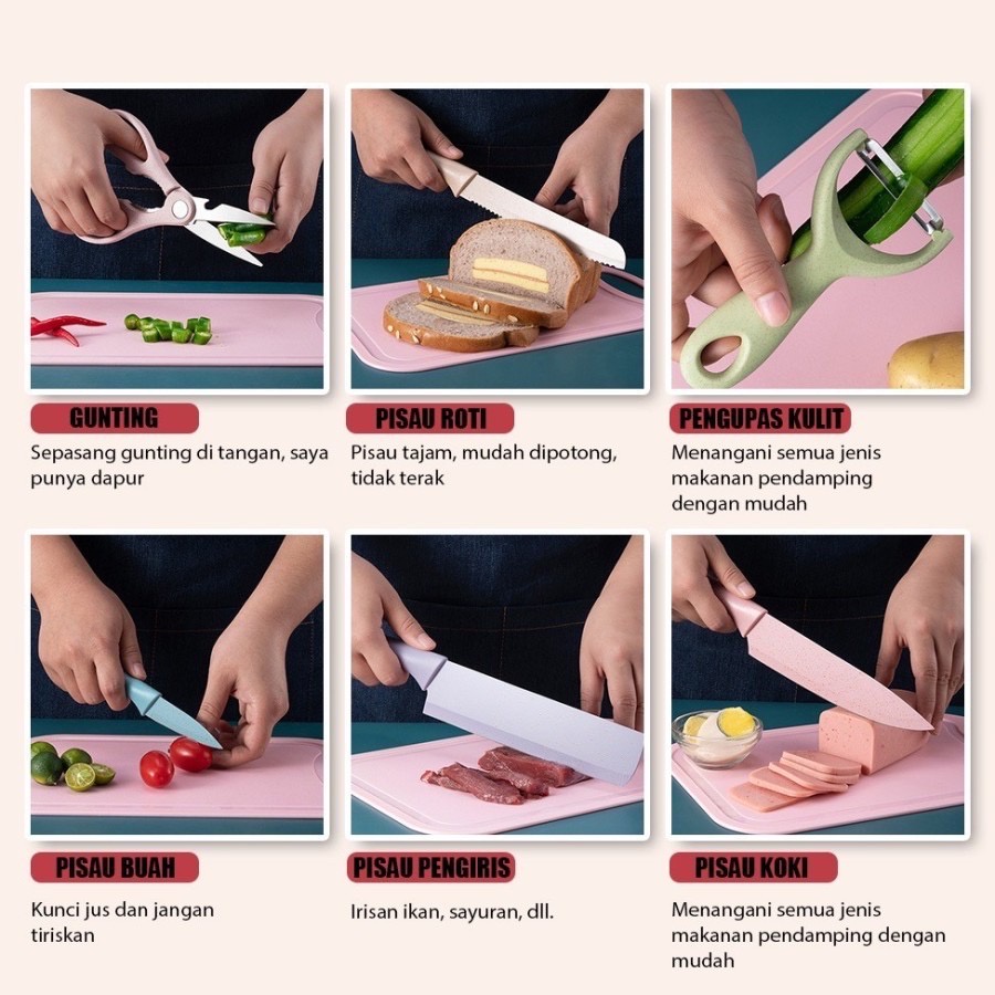 [KODE SM6] Set Pisau Dapur Macaroon Warna Warni 6 in 1/ Pisau Set 6in1 Stainless Anti Lengket