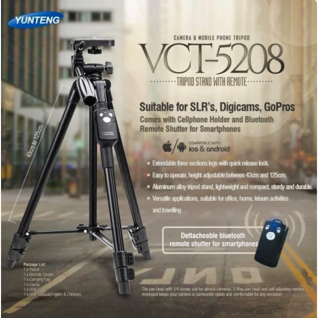 Tripod BLUETOOTH Yunteng VCT-5208 1,25Cm / 1 Meter Standing Hp dan Camera Phone Holder HP Handphone