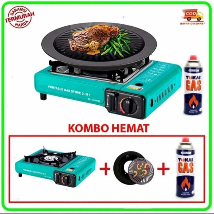 paket kompor portable omicko + ultra grill pan + gas tabung kaleng+tas koper