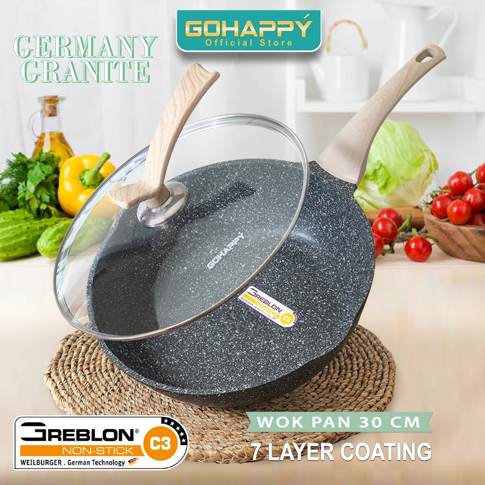 MIZUKI GREBLON C3 Wok Pan 30cm Germany Granite Gohappy - Panci Penggorengan Anti Lengket paling bagus