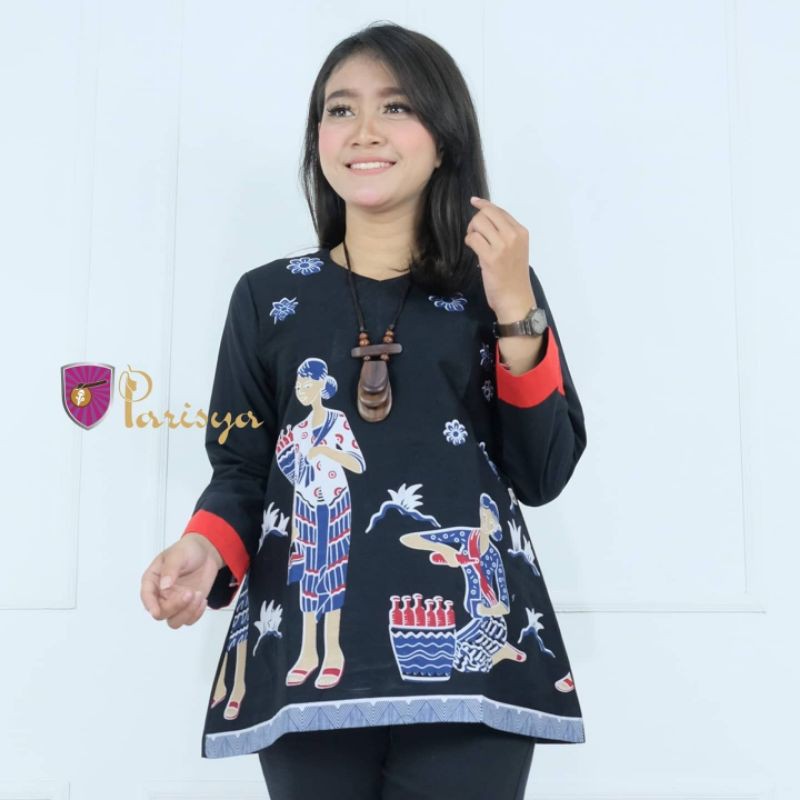 BATIK PARISYA - Mbok Jamu Hitam B00104, Atasan Batik Wanita Blus Batik Handprinting