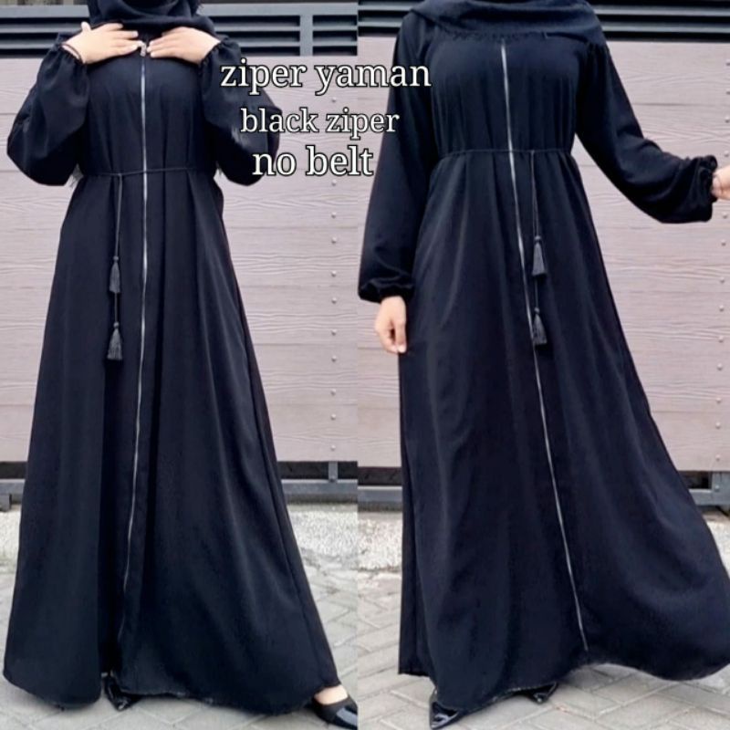 Abaya gamis hitam maxi dress polos ziper yaman